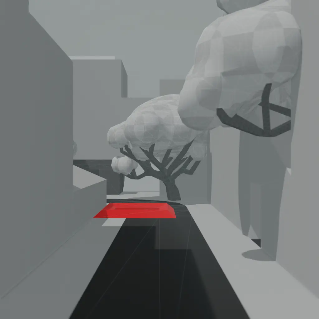 A 3D render showing a greybox scene with a red highlight