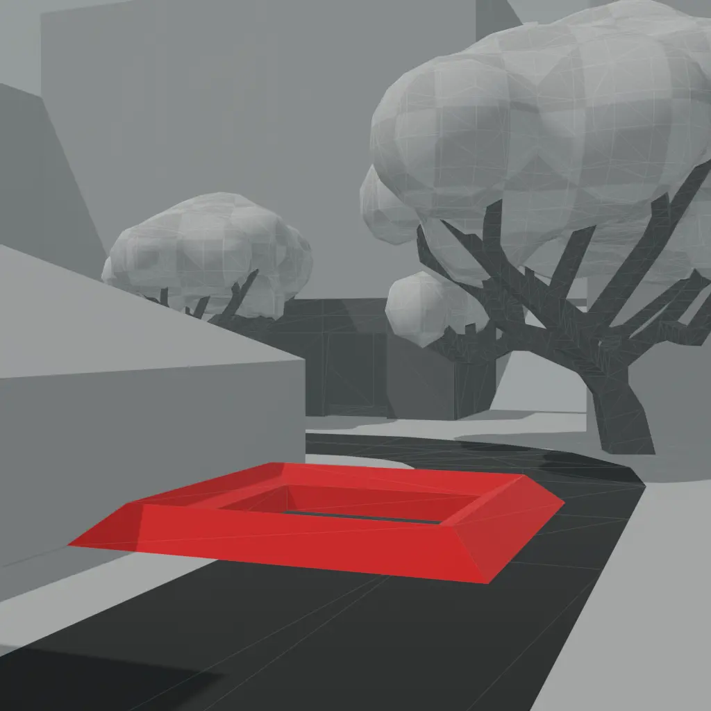 A 3D render showing a greybox scene with a red highlight