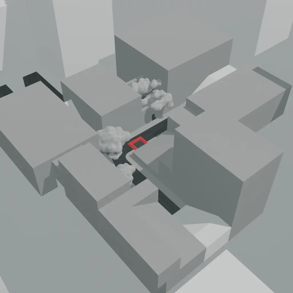 A 3D render showing a greybox scene with a red highlight